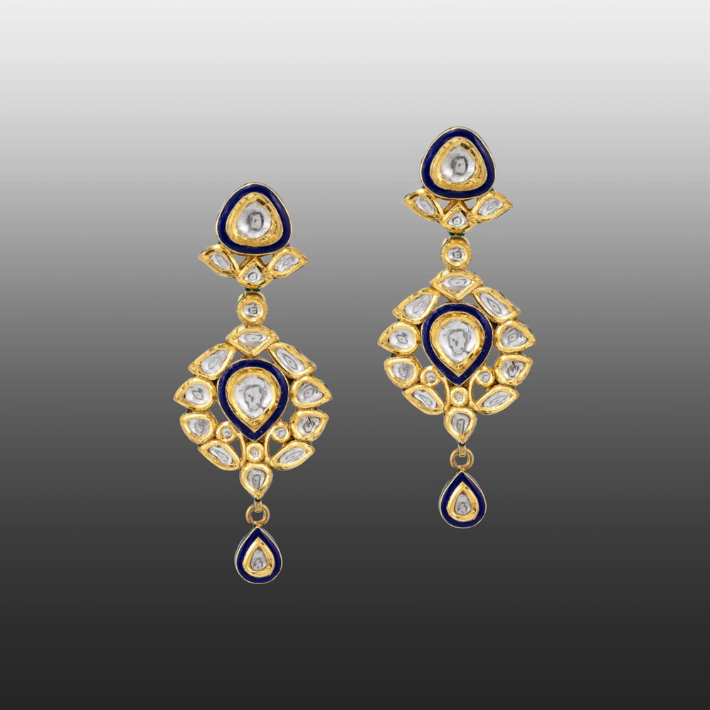 Polki Drop Earrings with Blue Enamel and Teardrop Motifs